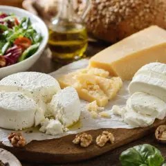 Selezione di formaggi freschi e stagionati, tra cui la feta, con insalata, pane e noci. Un piacere per il palato, ma attenzione al colesterolo!