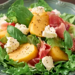 Insalata con cachi, prosciutto crudo e ricotta fresca. Un'idea su cosa abbinare alla ricotta fresca per un piatto fresco e gustoso.