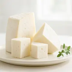 Formaggi freschi a cubetti e a spicchi su un piatto, con un rametto di erbe. Ideali per chi cerca un formaggino con poche calorie.