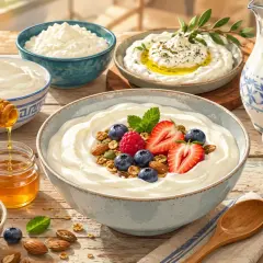 Una tavola imbandita con yogurt, frutta fresca, miele, granola e vari **formaggi** freschi, un invito a una colazione sana e gustosa.