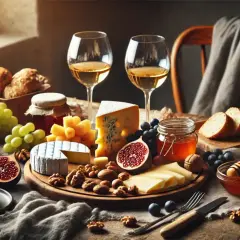 Un tavolo apparecchiato per degustazioni formaggi: vari tipi di formaggio, uva, fichi, noci, pane, miele e vino bianco.