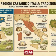 Mappa che illustra tutti i tipi di formaggio italiani, dai grandi vaccini stagionati del Nord ai pecorini del Centro-Sud, fino ai misti della Romagna.