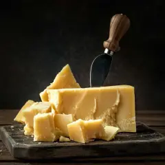 Un pezzo di Grana Padano, pronto per essere gustato, sembra quasi in attesa, come un tesoro in gravidanza.