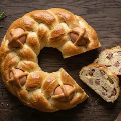Casatiello napoletano intrecciato con uova, pronto per essere affettato e gustato con salumi e formaggio.