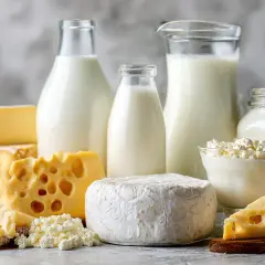 Varietà di formaggi e bottiglie di latte, un vero tripudio di cose il latte, dal fresco al stagionato.