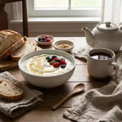 Colazione con yogurt fatto in casa, pane fresco, frutti di bosco e tè. Ecco come si fa lo yogurt: semplice e delizioso.