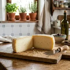 Formaggi a pasta cruda su tagliere rustico, con pane, olive e bottiglia di vino.