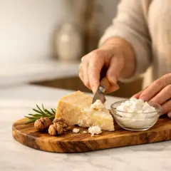 Mani che tagliano parmigiano su tagliere con noci e rosmarino. Un aiuto per chi soffre di artrosi.