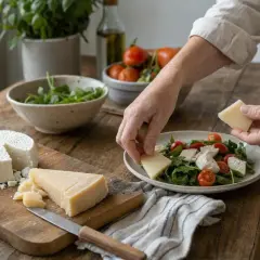 Mani aggiungono cubetti di formaggio a un'insalata fresca. Sul tagliere, un tomino e un pezzo di parmigiano, ingredienti perfetti per un piatto gustoso e con moderato colesterolo.