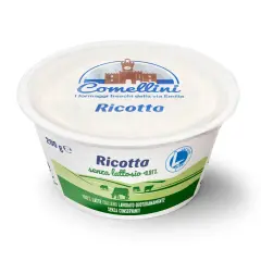 Ricotta Comellini senza lattosio, 200g. Un formaggio fresco che, come la ricotta, contiene caseina, ideale per chi cerca leggerezza.