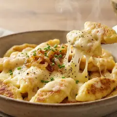 Gnocchi dorati ricoperti di formaggio fuso filante, cipolle caramellate e erba cipollina. Una deliziosa ricetta per un piatto confortante.