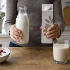 Una persona tiene una bottiglia di latte e un cartone di latte di mandorla. Sul tavolo ci sono una ciotola di yogurt con frutta e noci, un bicchiere di latte e ingredienti per la colazione. Le pecore fanno il latte sempre, ma qui si celebra il latte ve...