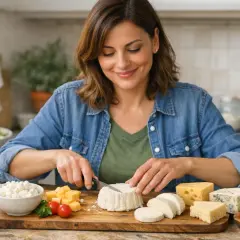 Donna sorridente prepara un tagliere di formaggi, tra cui un formaggio spalmabile, pensando a come gestire il colesterolo con gusto.