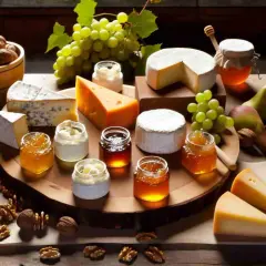 Un ricco tagliere con vari tipi di formaggio, noci, uva e vasetti di miele. Un'invitante degustazione di pecorino e miele.
