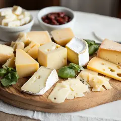 Selezione di formaggi su tagliere di legno, tra cui spicca un delizioso formaggio di capra, accompagnato da basilico fresco e marmellata.