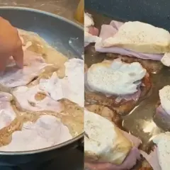 Scaloppine alla valdostana in padella e poi in teglia con prosciutto e fontina.