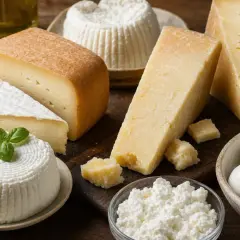 Varietà di formaggi, alcuni con più colesterolo, tra cui mozzarella, ricotta e parmigiano, disposti su un tagliere di legno.