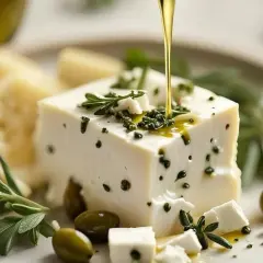 Un blocco di feta grassi, condito con erbe aromatiche e olive, viene irrorato con olio d'oliva dorato.