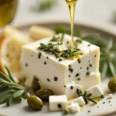 Un blocco di la feta, condito con erbe aromatiche e pepe, viene irrorato da un filo d'olio d'oliva dorato. Olive verdi e rametti di rosmarino completano la composizione su un piatto chiaro.
