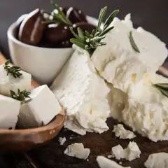 Feta, un formaggio ricco di proteine per 100g, servito con olive nere e rametti di rosmarino su un tagliere di legno.