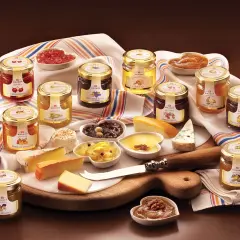 Una selezione di conserve, tra cui composta di fichi per formaggi, salse dolci e confetture, disposte su un tagliere con formaggi.