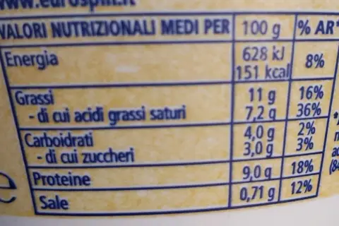 Tabella nutrizionale: energia, grassi, carboidrati, proteine e sale per 100g di ricotta di pecora. Valori nutrizionali medi per 100g.