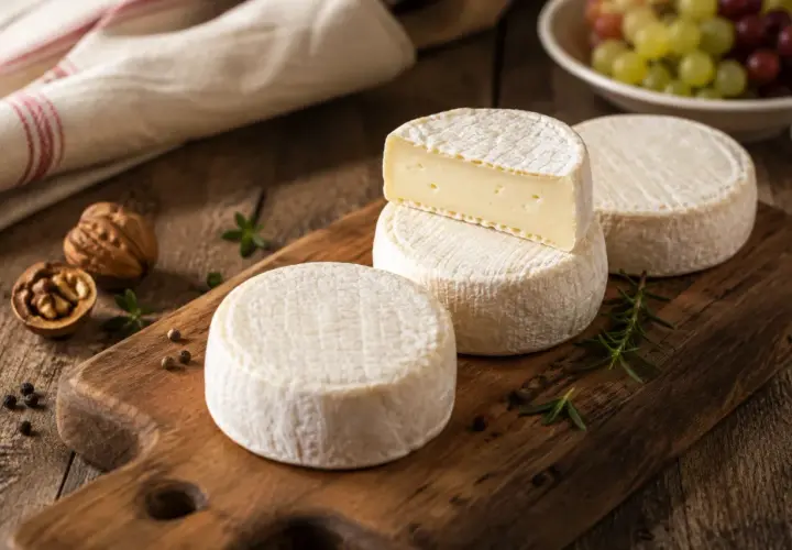 Formaggi rotondi con crosta bianca, uno tagliato rivela un interno cremoso. Perfetti per chi cerca un tuma lattosio gustoso.