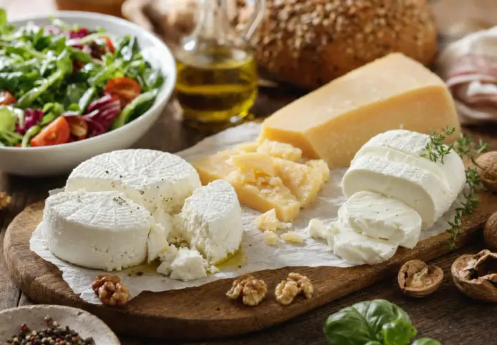 Selezione di formaggi freschi e stagionati, tra cui la feta, con insalata, pane e noci. Un piacere per il palato, ma attenzione al colesterolo!