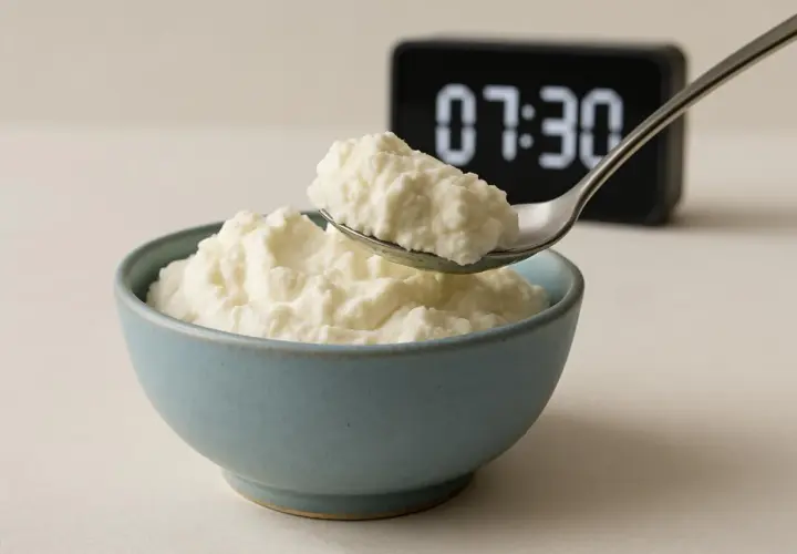 Ricotta cremosa in una ciotola, pronta per una colazione sana. Un nutrizionista la consiglierebbe per iniziare la giornata con energia.