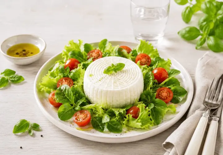 Insalata fresca con primosale, pomodorini e basilico. Un piatto leggero, ideale per chi cerca poche calorie.
