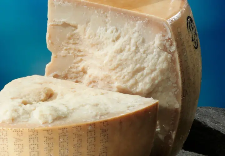 Due pezzi di Parmigiano Reggiano, uno tagliato, mostrano la loro consistenza granulosa. Scopri come conservare il parmigiano in frigo per mantenerlo fresco.