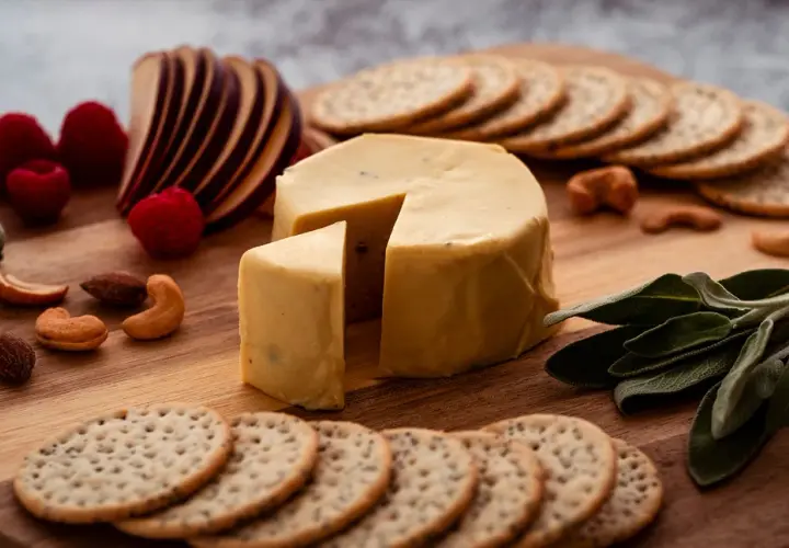 Un delizioso formaggio vegano, con lamponi, mele, frutta secca e cracker su un tagliere di legno.
