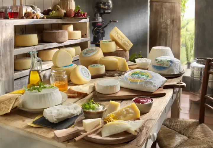 Un ricco assortimento per una presentazione tagliere formaggi: diverse varietà, miele, olio e pane su un tavolo rustico.