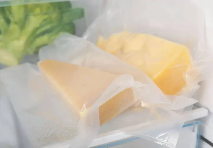 Due pezzi di formaggio stagionato sottovuoto, un metodo efficace per capire come conservare il formaggio in frigo.