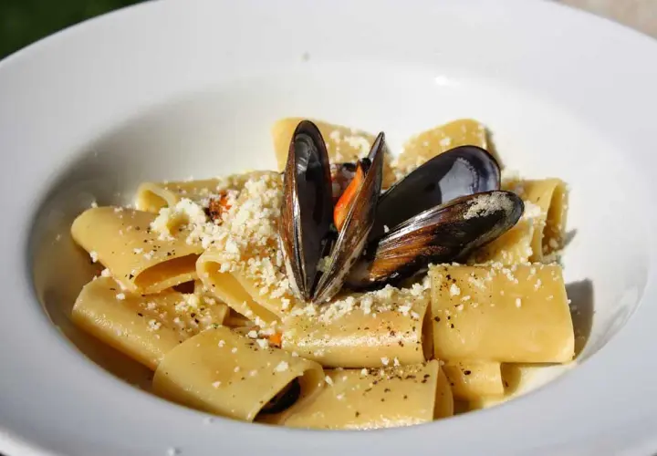Paccheri con cozze e pecorino, un piatto di pasta saporito e invitante, guarnito con cozze fresche e formaggio grattugiato.