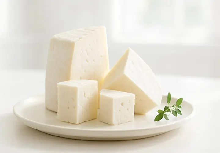 Formaggi freschi a cubetti e a spicchi su un piatto, con un rametto di erbe. Ideali per chi cerca un formaggino con poche calorie.