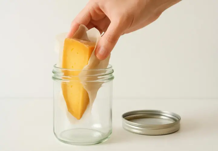 A hand places a wedge of cheese wrapped in parchment paper into a glass jar.
