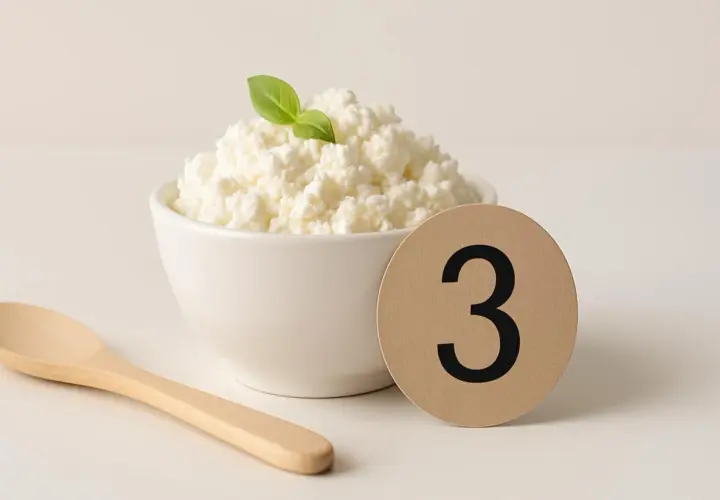 Ricotta di mucca fresca in ciotola, con cucchiaio e numero 3. Un alimento leggero, ma attenzione al colesterolo!