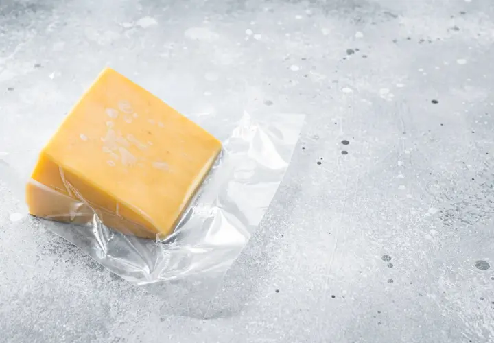 Un pezzo di formaggio giallo, sottovuoto, pronto per essere conservato. Quanto dura il formaggio sottovuoto?