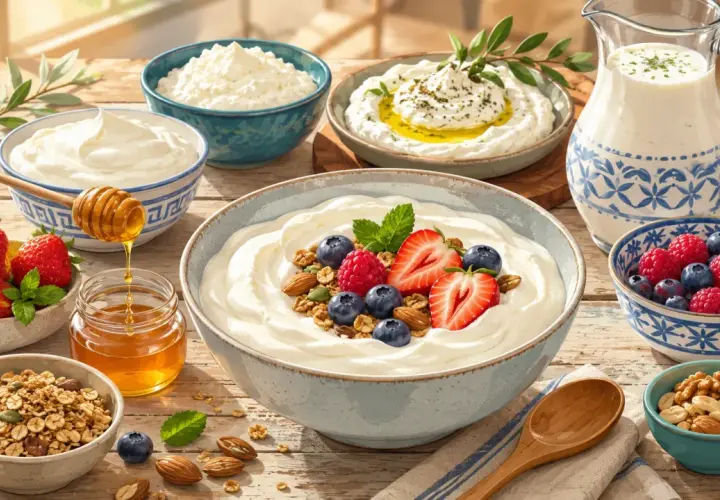Una tavola imbandita con yogurt, frutta fresca, miele, granola e vari **formaggi** freschi, un invito a una colazione sana e gustosa.