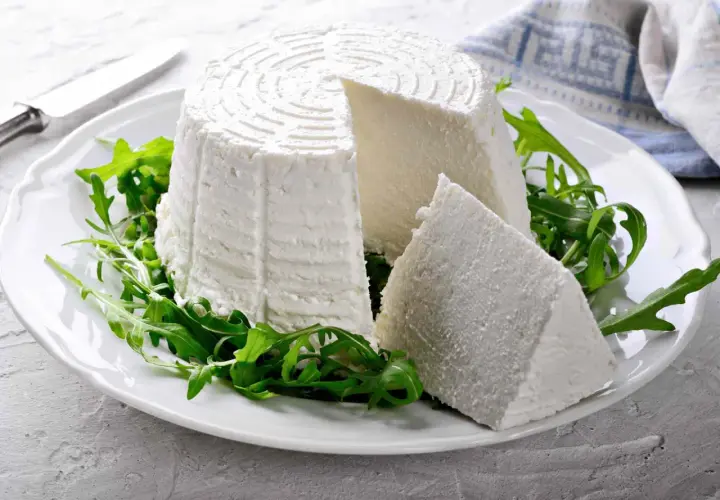 Formaggio fresco su un piatto bianco con rucola, ideale per chi cerca alimenti senza caseina.