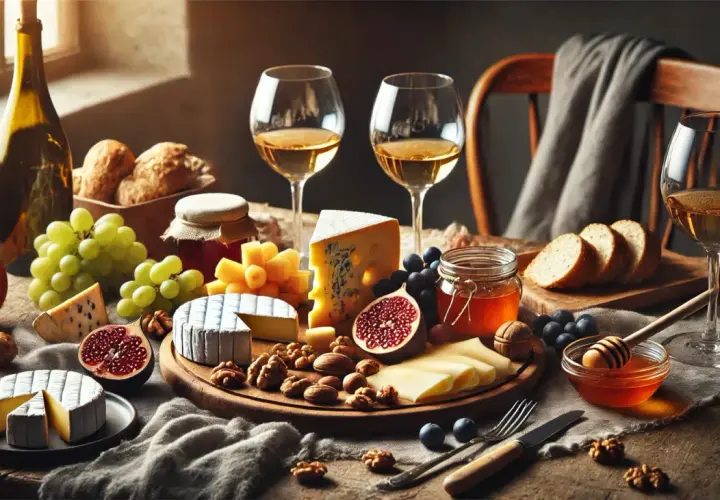 Un tavolo apparecchiato per degustazioni formaggi: vari tipi di formaggio, uva, fichi, noci, pane, miele e vino bianco.
