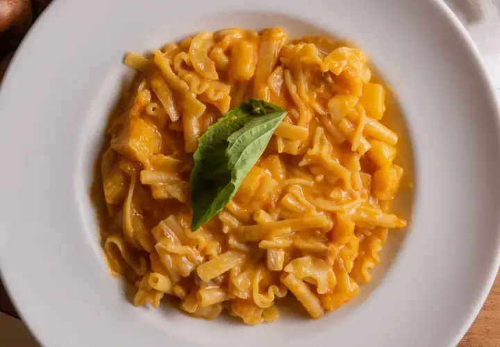 Piatto di pasta patate e provola cremoso, con un tocco di basilico fresco.