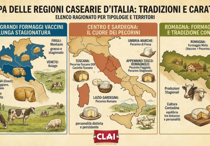 Mappa che illustra tutti i tipi di formaggio italiani, dai grandi vaccini stagionati del Nord ai pecorini del Centro-Sud, fino ai misti della Romagna.