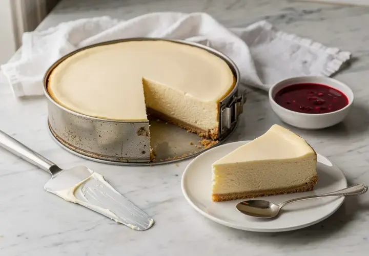 Cheesecake cotta in teglia, con una fetta servita su piatto, accompagnata da salsa ai frutti di bosco.