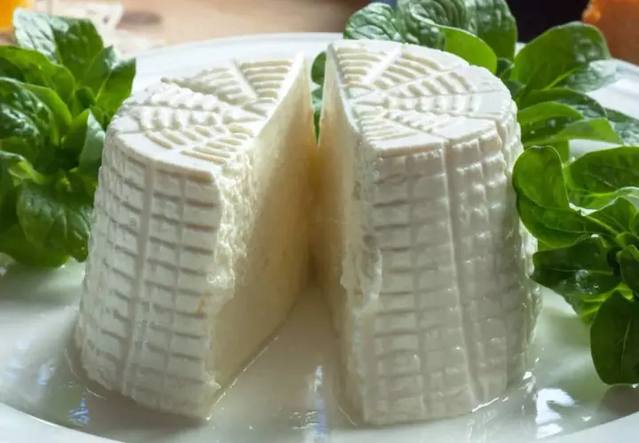 Formaggio fresco a forma cilindrica, tagliato a metà, con decorazioni a griglia. Se cerchi come sostituire la tuma, questo fresco latticino è un'ottima alternativa.