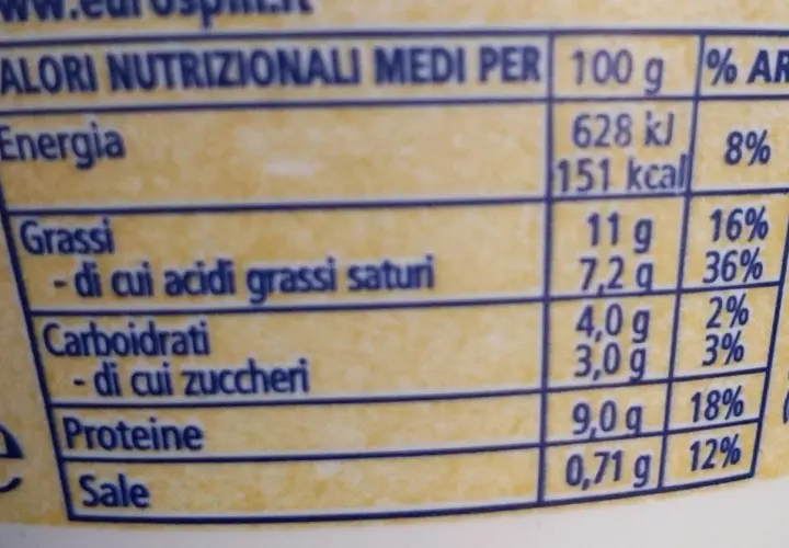 Tabella nutrizionale: energia, grassi, carboidrati, proteine e sale per 100g di ricotta di pecora. Valori nutrizionali medi per 100g.