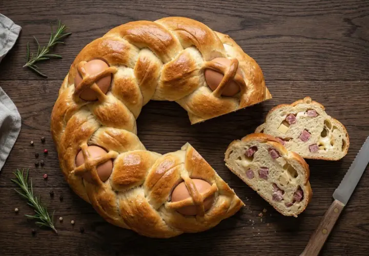 Casatiello napoletano intrecciato con uova, pronto per essere affettato e gustato con salumi e formaggio.