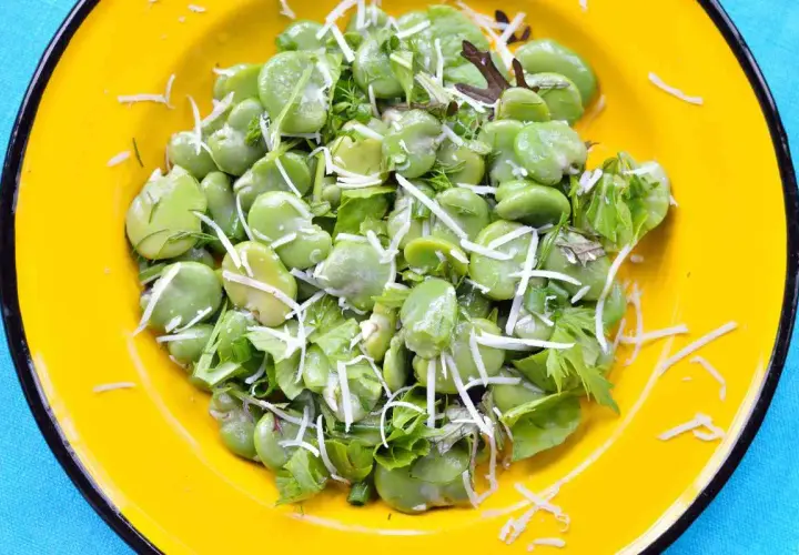 Fave fresche e ricotta grattugiata, un piatto primaverile colorato e gustoso.