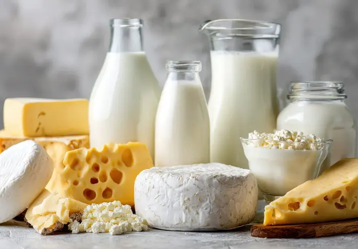 Varietà di formaggi e bottiglie di latte, un vero tripudio di cose il latte, dal fresco al stagionato.